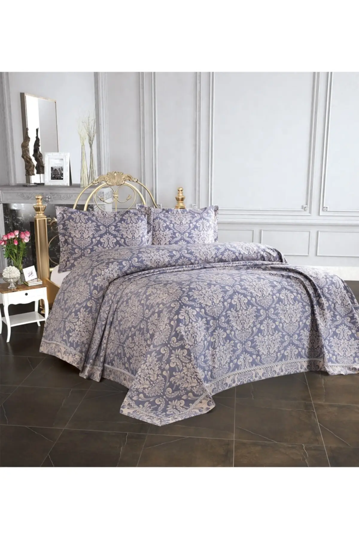 

Bedspread Double 10357 Blue Damask Pattern Jacquard Woven Pike Fabric Cotton-Polyester 240x260 Bed Sheet Free