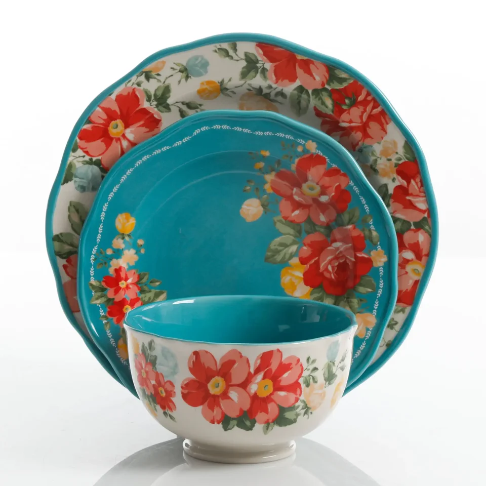 Vintage Floral Teal 12 Piece Dinnerware Set