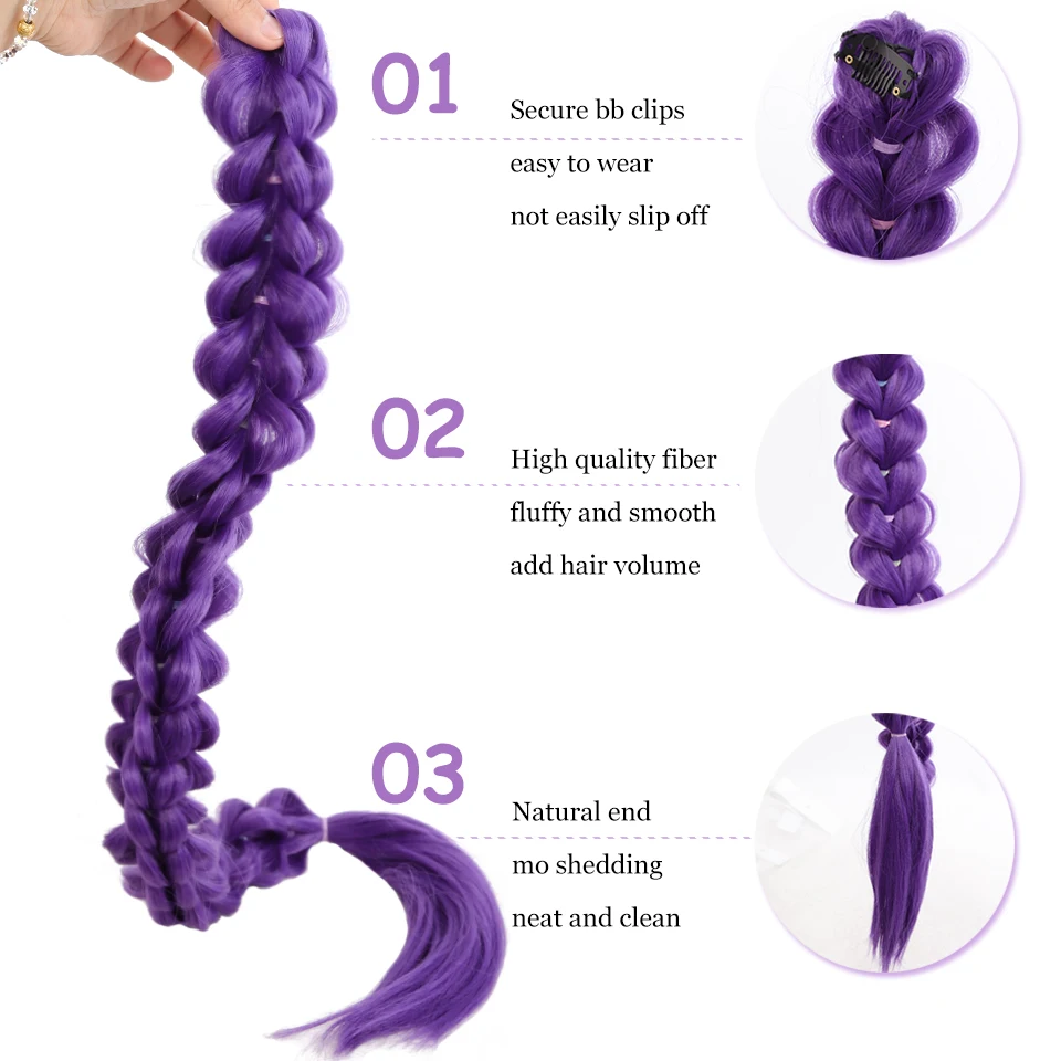 합성 땋은 보라색 머리 포니테일 어린이 의상 헤어스타일 36인치 긴 포니테일 클립 포함 어린이 소녀 할로윈 크리스마스용