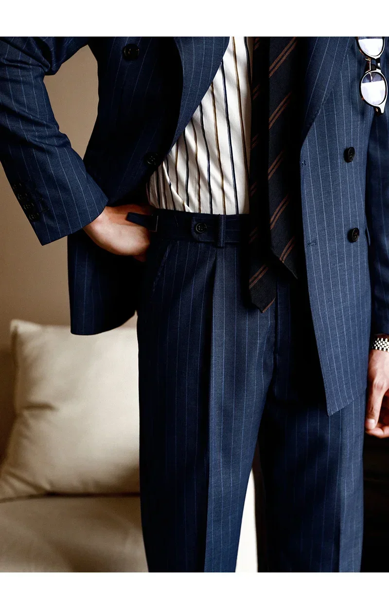 High Quality Pants Men Italy Business Dress Office Social Suit Trouser Pants Groom Contrasting Stripes Casual Wedding
