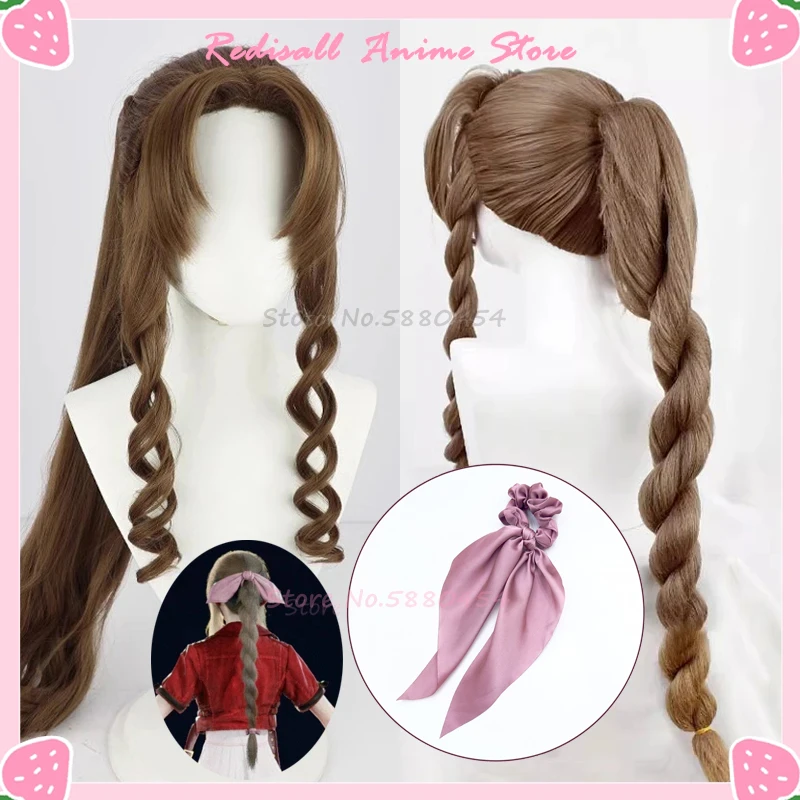 Парик для косплея Aerith gainsborо, плетеный хвост, розовый цвет, искусственные волнистые волосы FF7, термостойкие игровые головные уборы