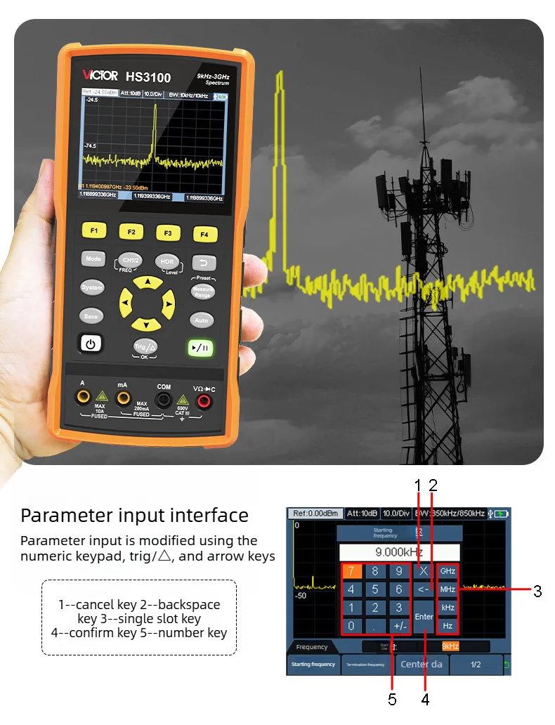 Victor HS3200 3-in-1 스펙트럼 분석기 오실로스코프 멀티미터 다기능 9kHz3GHz/200MHz/20000 디지트 듀얼 채널
