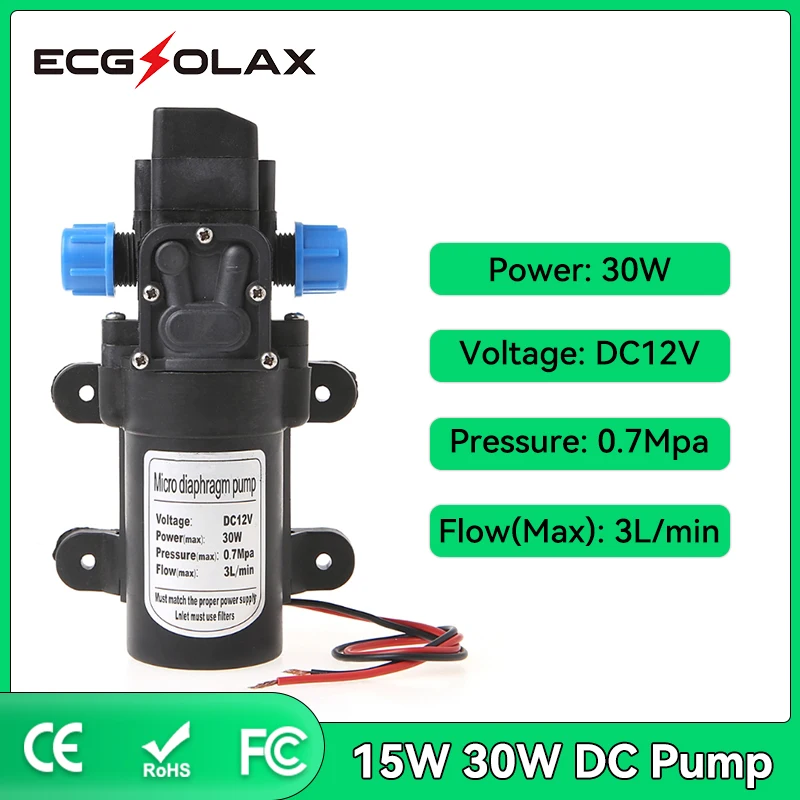 

ECGSOLAX DC Pump 12V 15W 30W 0142 Motor Water High Pressure Diaphragm Self Priming Pump 3L/min DC Pump Automatic Flow Switch