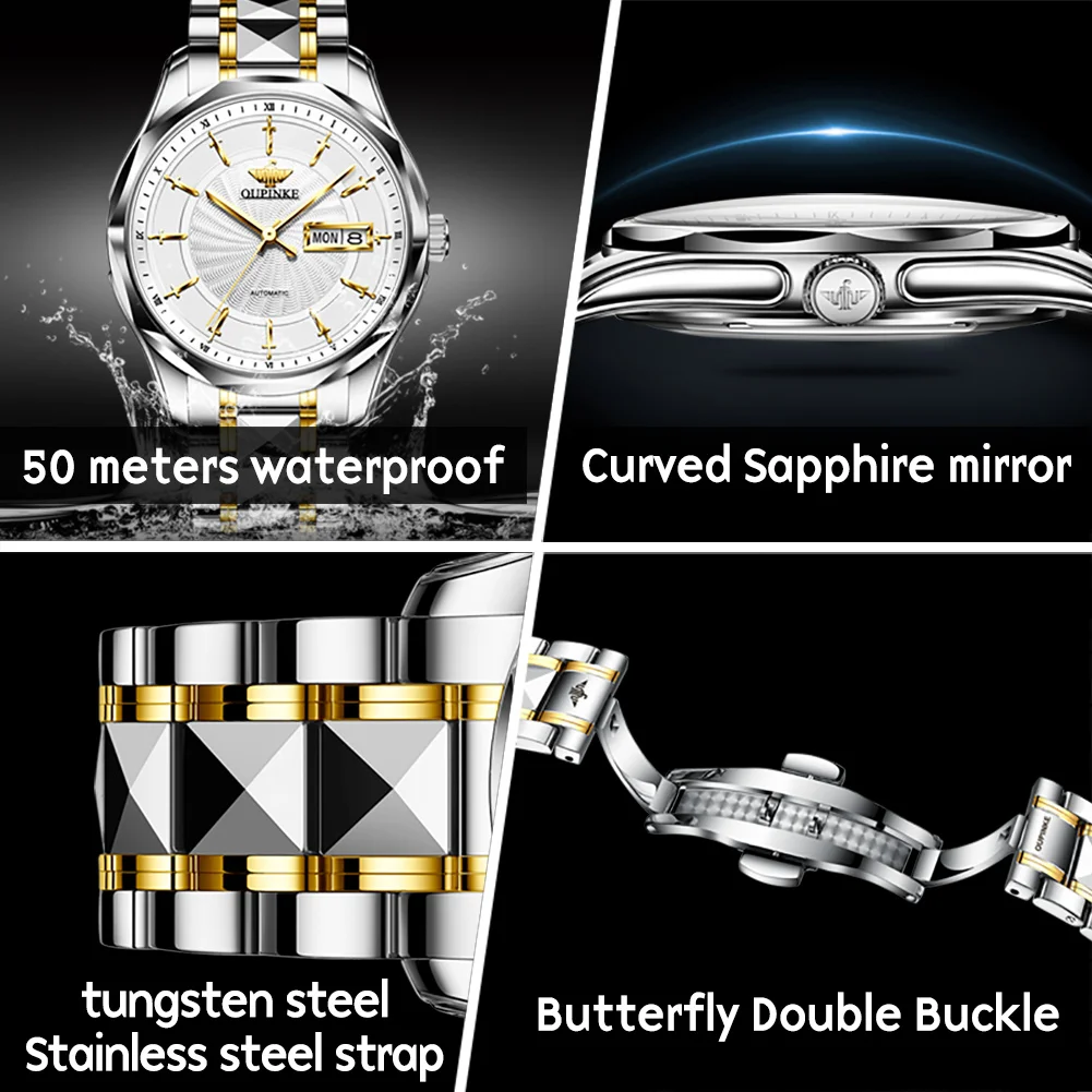 OUPINKE Luxury Automatic Mechanical Couple Watches for Men Women Tungsten Steel Brand Lover's Wristwatch His or Hers Watch Set