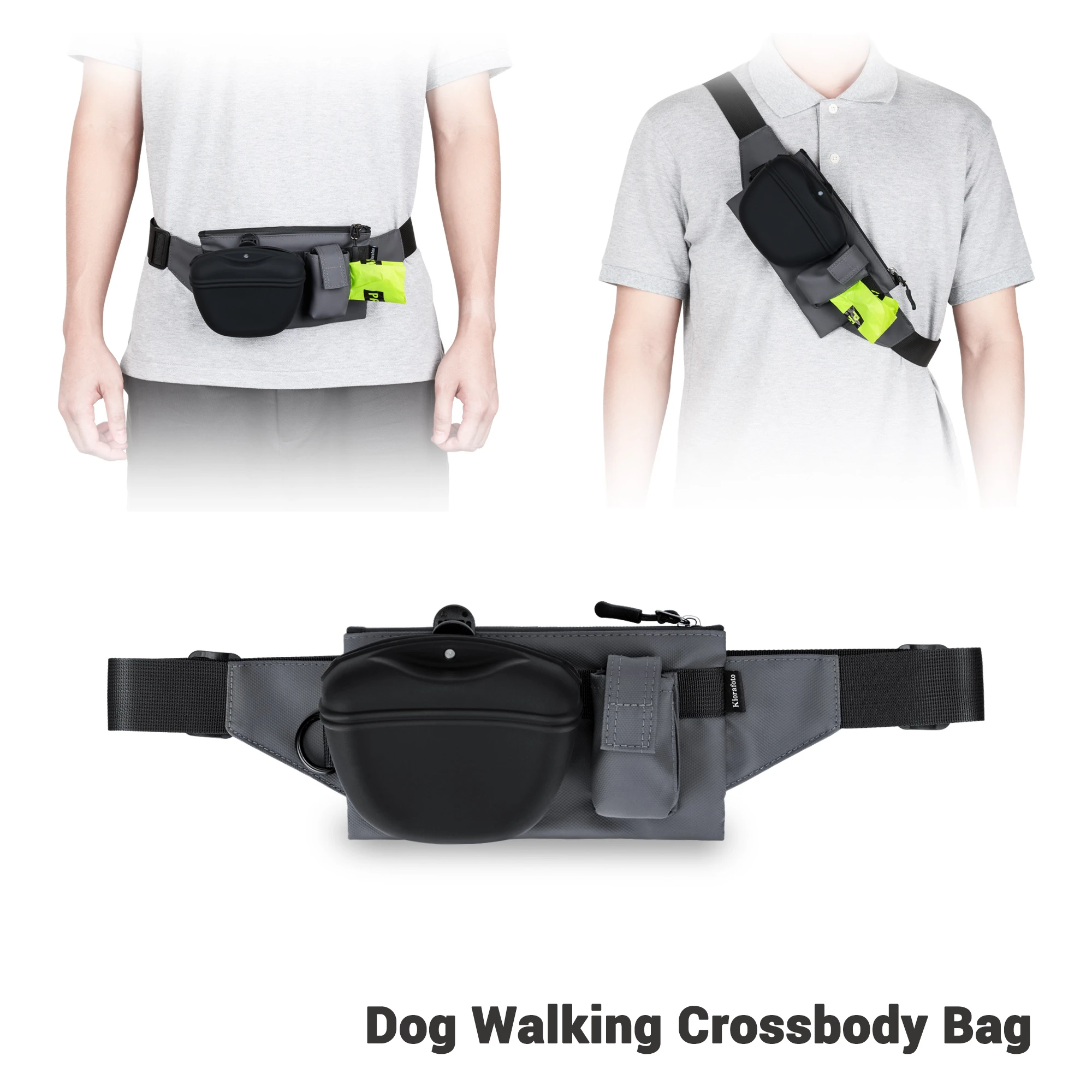 Two photos of a person demonstrating the versatility of the bag, showing it worn both around the waist and diagonally across the chest as a "Dog Walking Crossbody Bag."