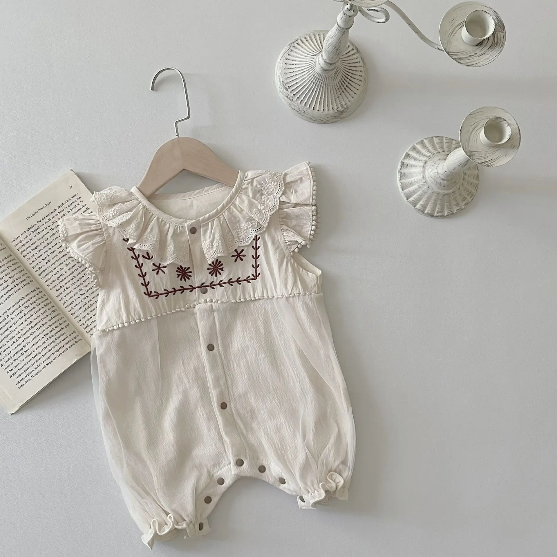 

Korean Newborn Toddler Single Breasted Rompers Summer Baby Girl Clothes Cotton Infant Simple Embroidery Fly Sleeve Jumpsuit