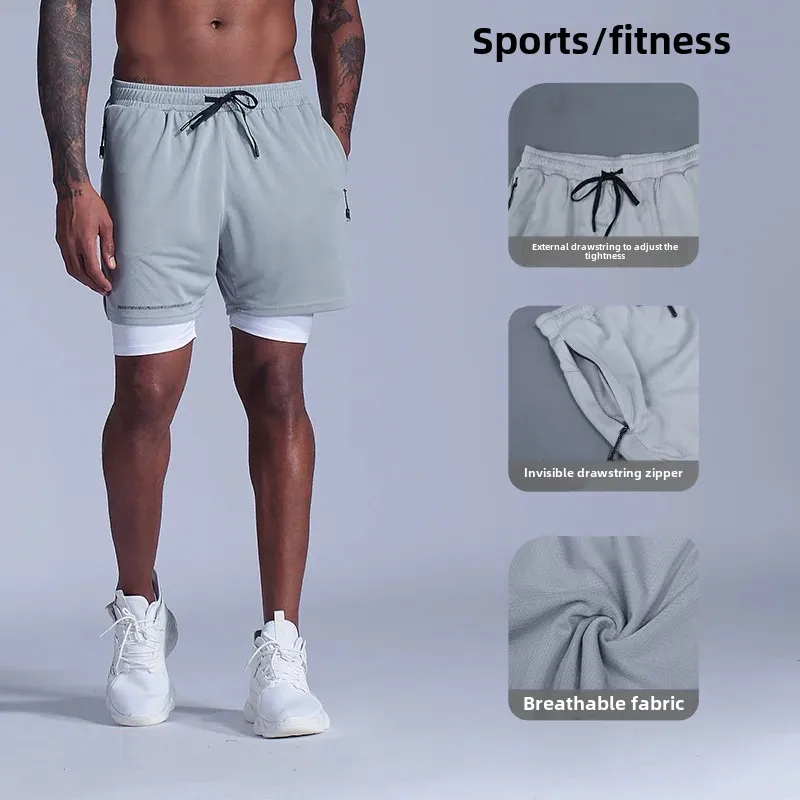 New Men's Sport Shorts Quick Dry Running Pants Double Layer Fitness Training Three-Quarter Length Marathon Competition Five-Quar