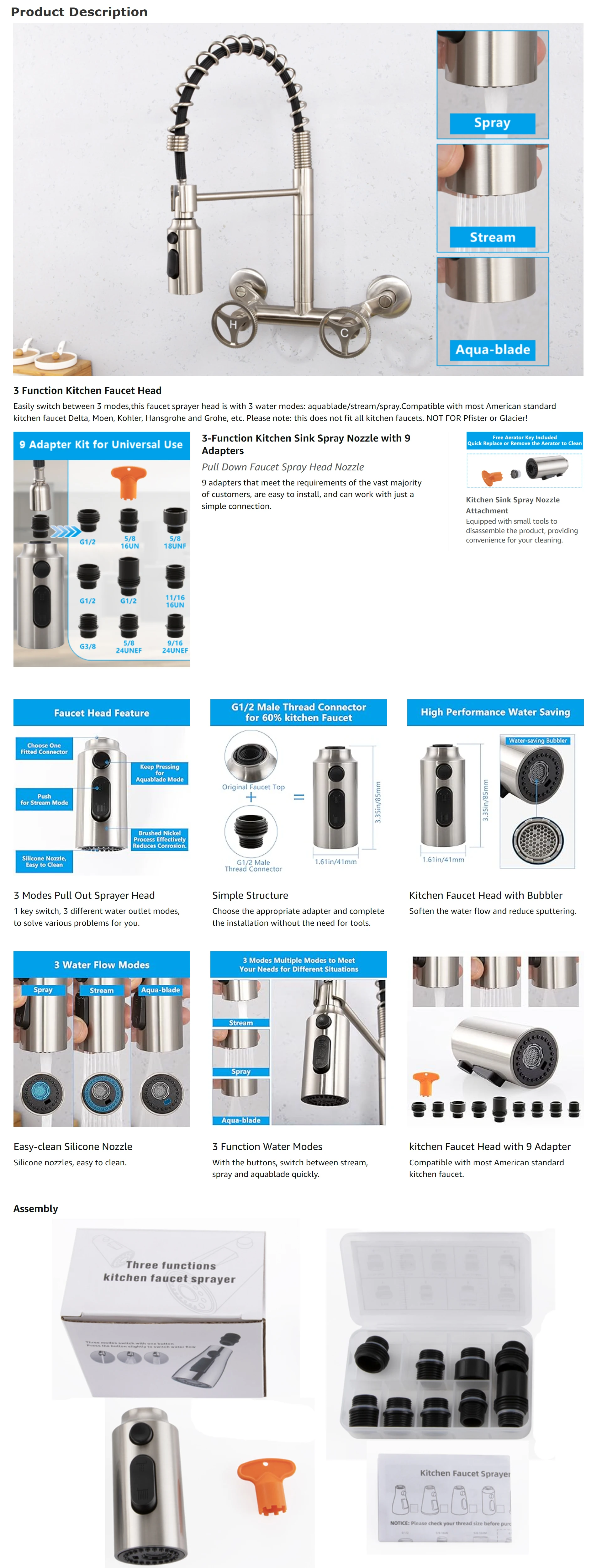 Pull Down Faucet Head Substituição, 9 Adaptadores, Preto Fosco, 3 Funções