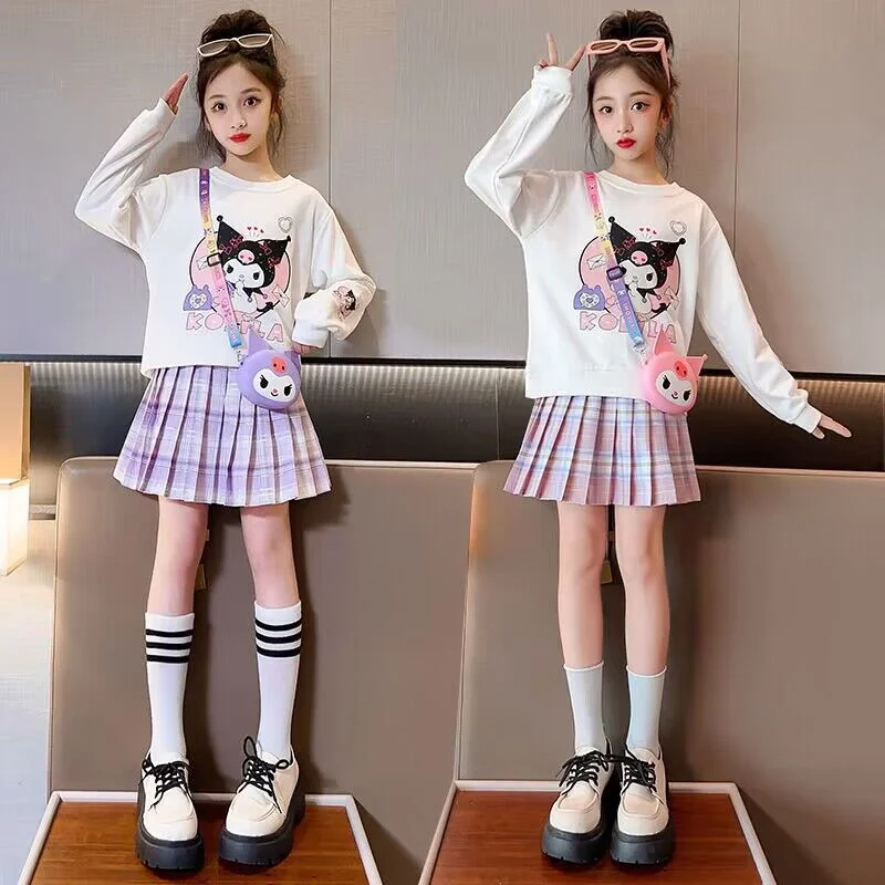 

Sanrios Anime Kuromi Kids Girl Princess Dress College Style Varsity Sweater Pleated Skirt Jk Suit Child Sweatshirt Pullover Gift