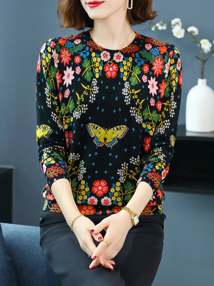 

Print Women's Sweaters Spring Autumn Korean Fashion Pullover Long Sleeve Top Femme Soft O Neck Knitted Sweater