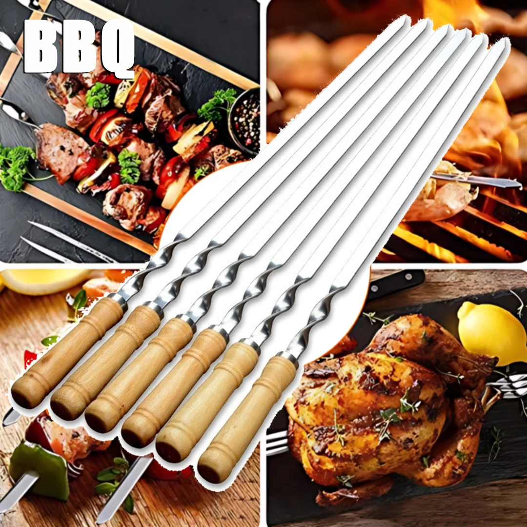 12Pcs Stainless Steel Barbecue Skewers Long Handle 55cm Wooden Barbecue Handle Large Flat Stick Outdoor Picnic Tools