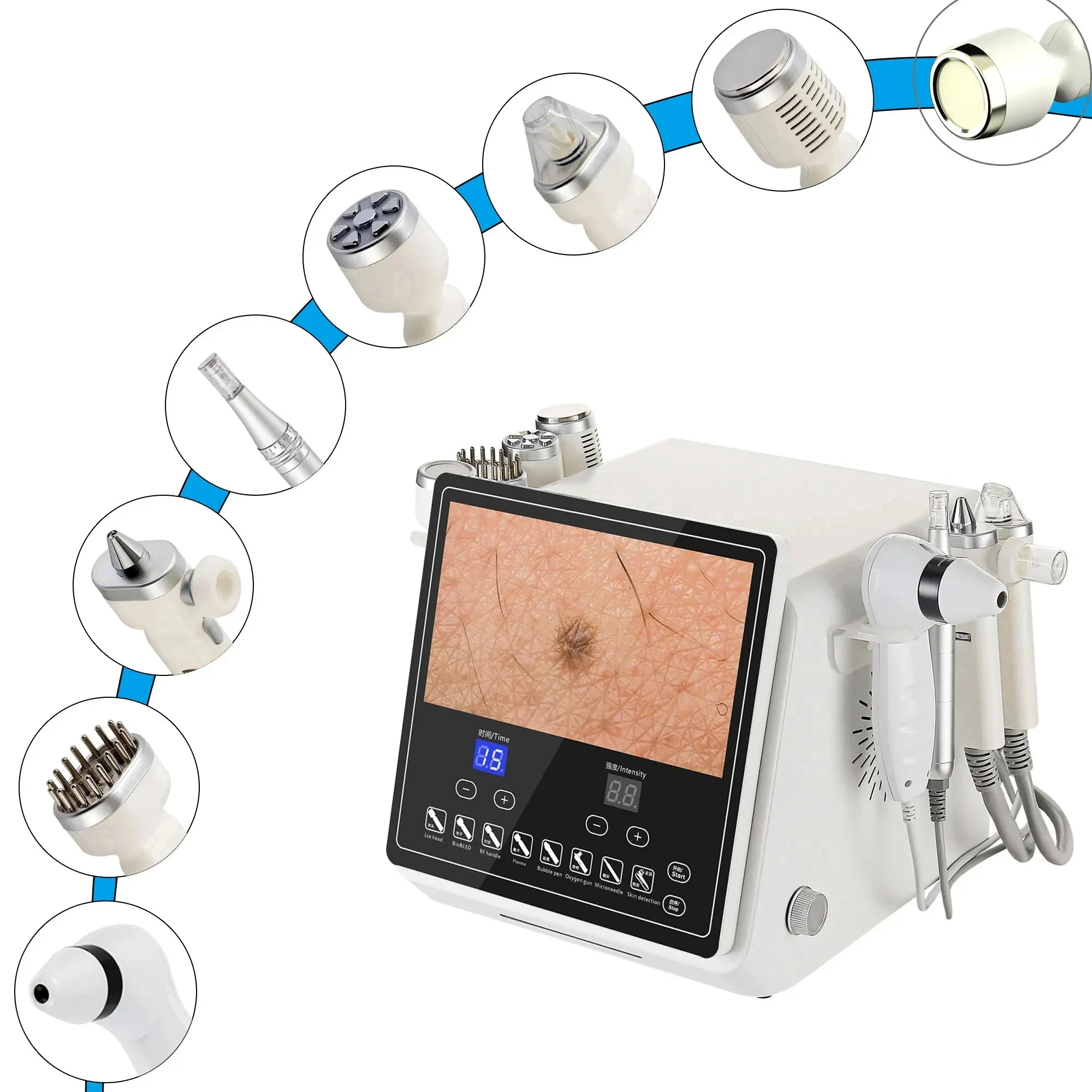 

Newest 8 in 1 Multifunctional Hydra Dermabrasion Facial Beauty Machine RF Oxygen Spray Microneedle Skin Detector LED