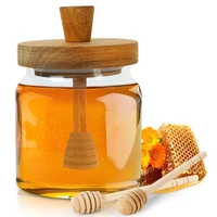 Airtight Syrup Dispenser with Wooden Dipper and Lid 18oz Honey Container Holder Honey Jar Pot Modern Honey Syrup Glass Container 1