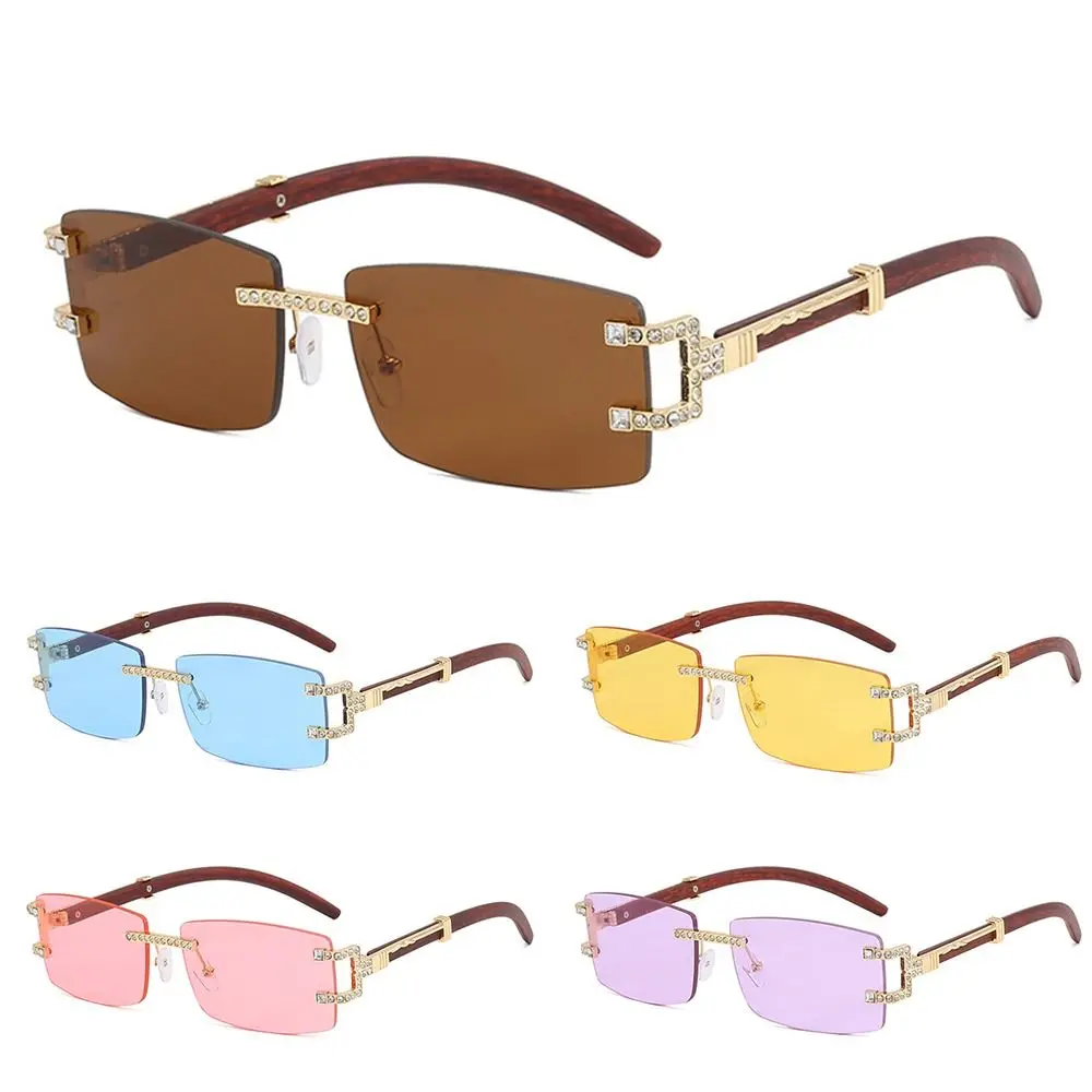 

Wood Diamonds Punk Sunglasses Rectangle Frameless Women's Rimless Sun Glasses Rhinestone Square Eyewear