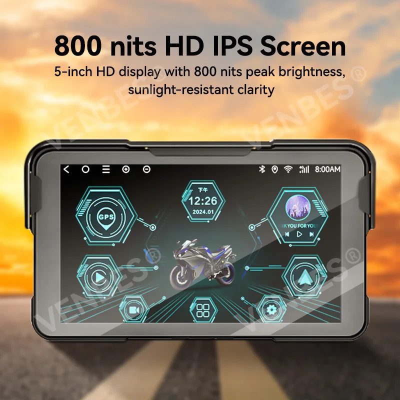 5&lsquo;&rsquo; Motorcycle Carplay Navigation Android Auto Motor IPS Screen IP67 Easy to Install Universal VENBES