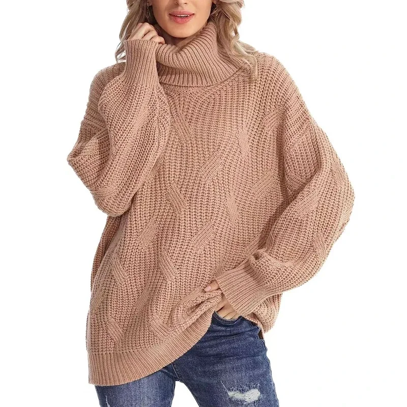 

Autumn/Winter Loose Knitted Sweater Women Fashion Twisted Flower Crochet Pullover Casual Long Sleeve Turtleneck Solid Tops 30301