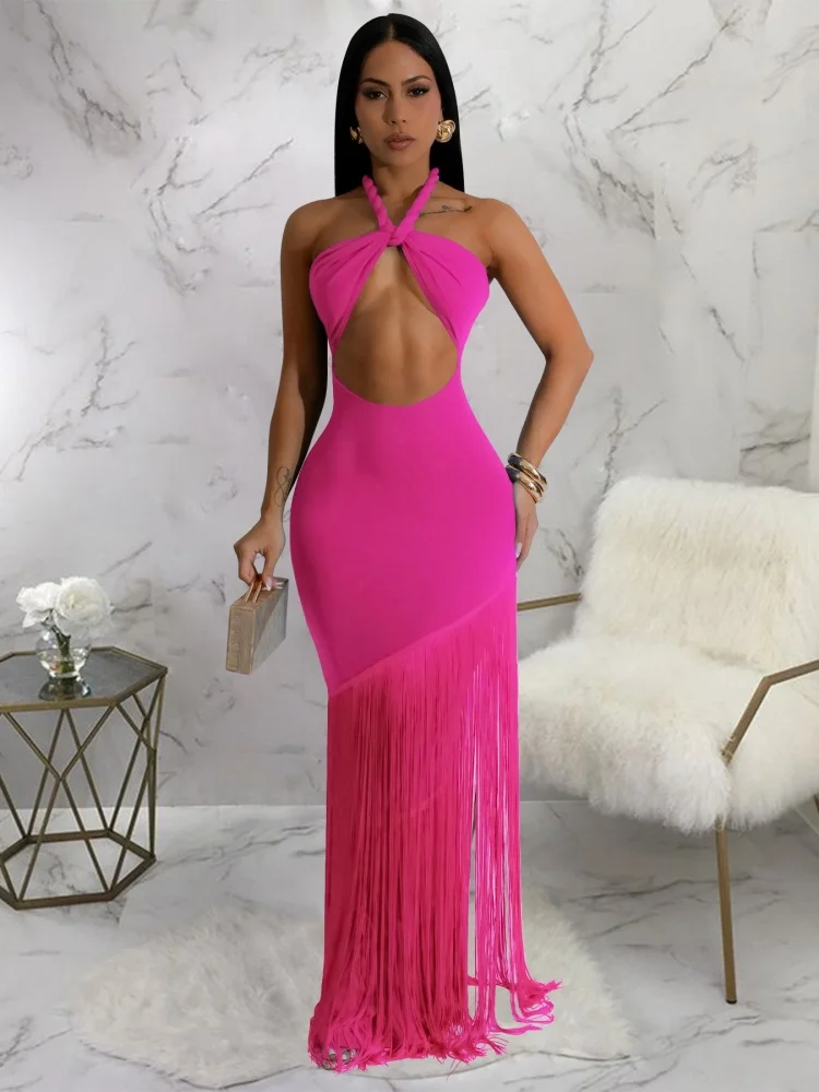 Wmstar 2025 Elegant New Women Summer Long Dress Tassels Strapless Bandages Sleeveless Solid Color Patchwork Sexy Spice Style