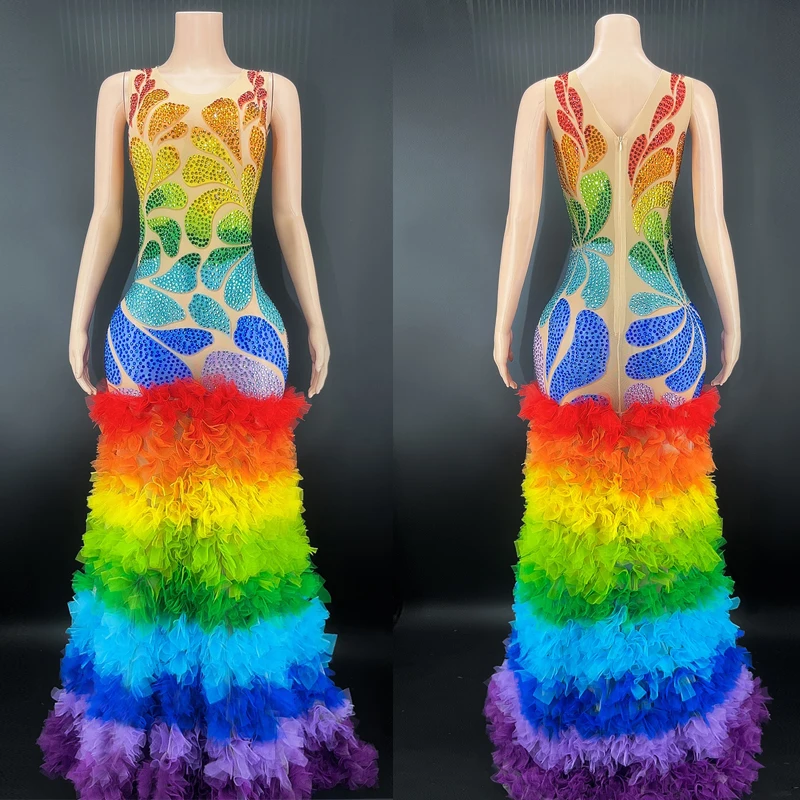 

Sparkly Rhinestones Long Dress Iridescent Yarn Cake Dress Women Birthday Party Evening Dresses Costume Jazz Rave Outfit XS4903