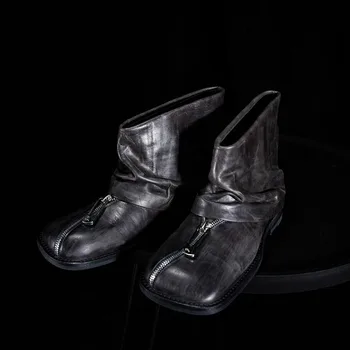 Handmade Genuine Leather Ankle Boots Women's Shoes Design Metal Punk Zipper Decoration Square Toe Casual Chelsea Tube Boots