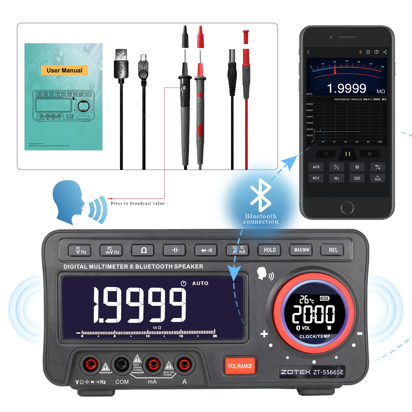 ZOYI ZT-5566SE Bench Voice Multimeter Bluetooth Tester 19999 Counts Profesional Digital True Rms Autorange Transistor Tool Meter