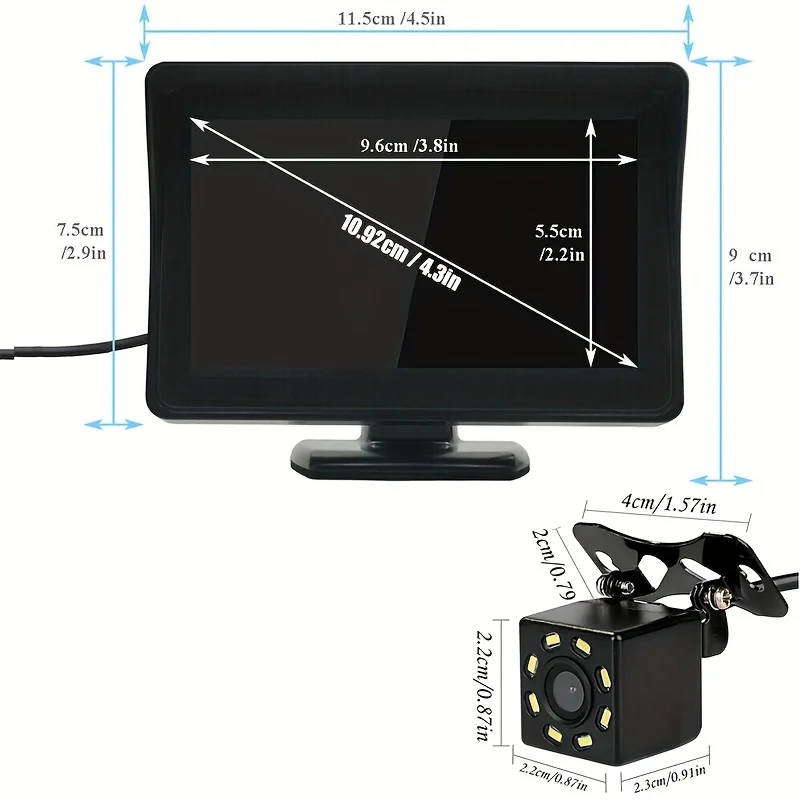이것은 10.92cm HD 모니터와 8개의 LED 후방 카메라 키트로 구성되어 있으며, 자동차 후진 및 주차 지원을 위해 설계되었습니다.
