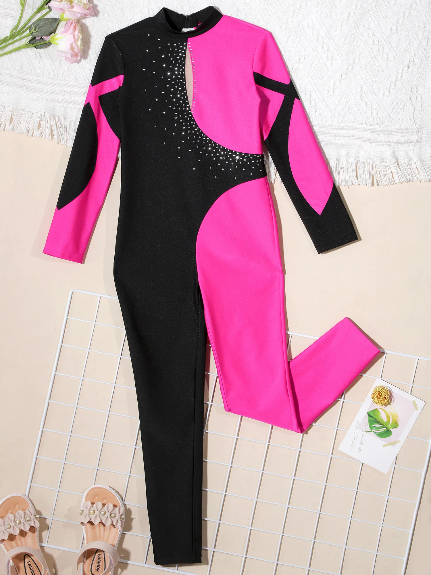Kids Long Sleeve Rhinestone Full Body Unitard Bodysuit Dancewear Girls Gymnastics Leotards Skating Jumpsuits Performance Suit ballet leotard dance leotard disco jumpsuit