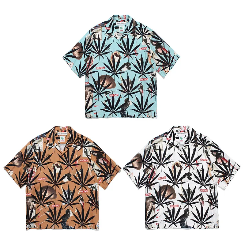 

New Hawaii Shirts Men Woman 1:1 Best Quality Leaves Printing Chaopai Street Clothing Casual Lapel Tops Tee