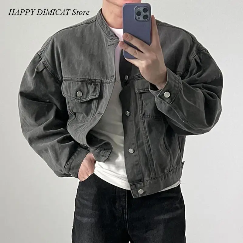 Solid Color Short Coat New Fashion Men's Denim Jacket High Street Male Stand Collar Top Autumn Menwear Tide men loose straight jeans fashion vintage style pure color black denim pants male casual youth street clothing mens cargo pants