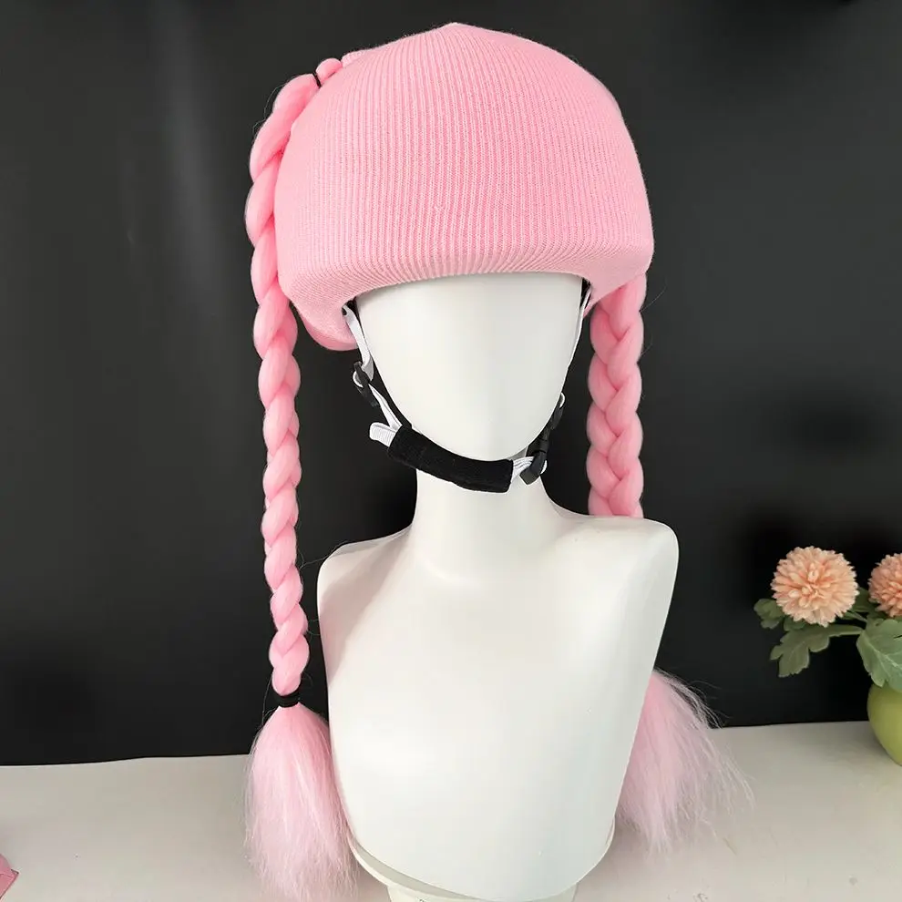Ski Helmet Dual Pigtail Ponytail Headgear Wig Braids Hats Motorcycle Helmet Knitted Hood for Women Decoration