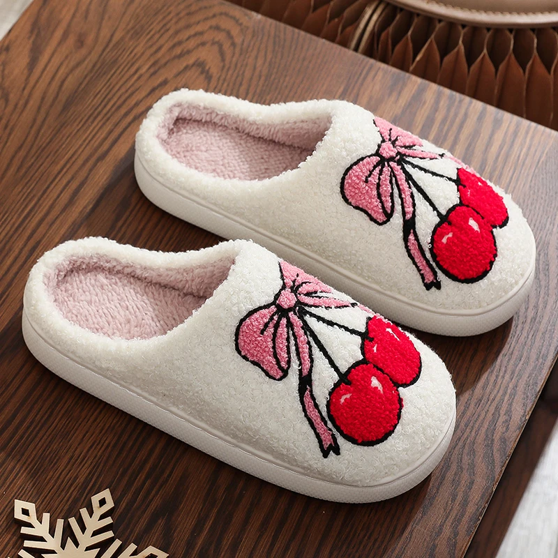 Fashion Bowknot Embroidery Cotton Slippers Women Soft Sole Winter Warm Home Shoes Woman Indoor Non Slip Plush Slides Female 45