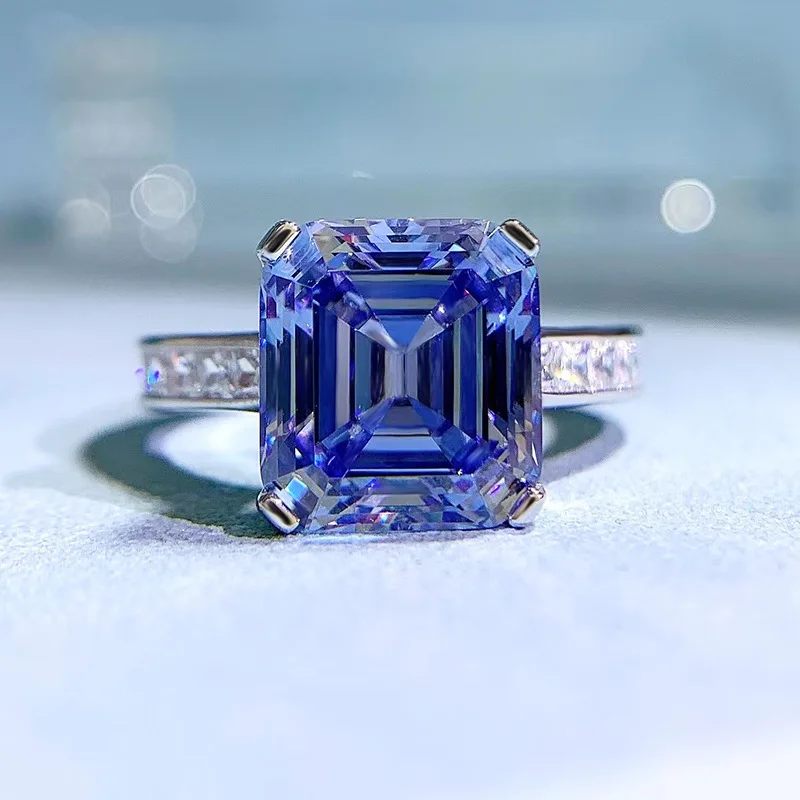 

2023 New 100% 925 Real Silver 10*11mm Aquamarine High Carbon Diamond Rings for Women Gemstone Wedding Bands Party Fine Jewelry