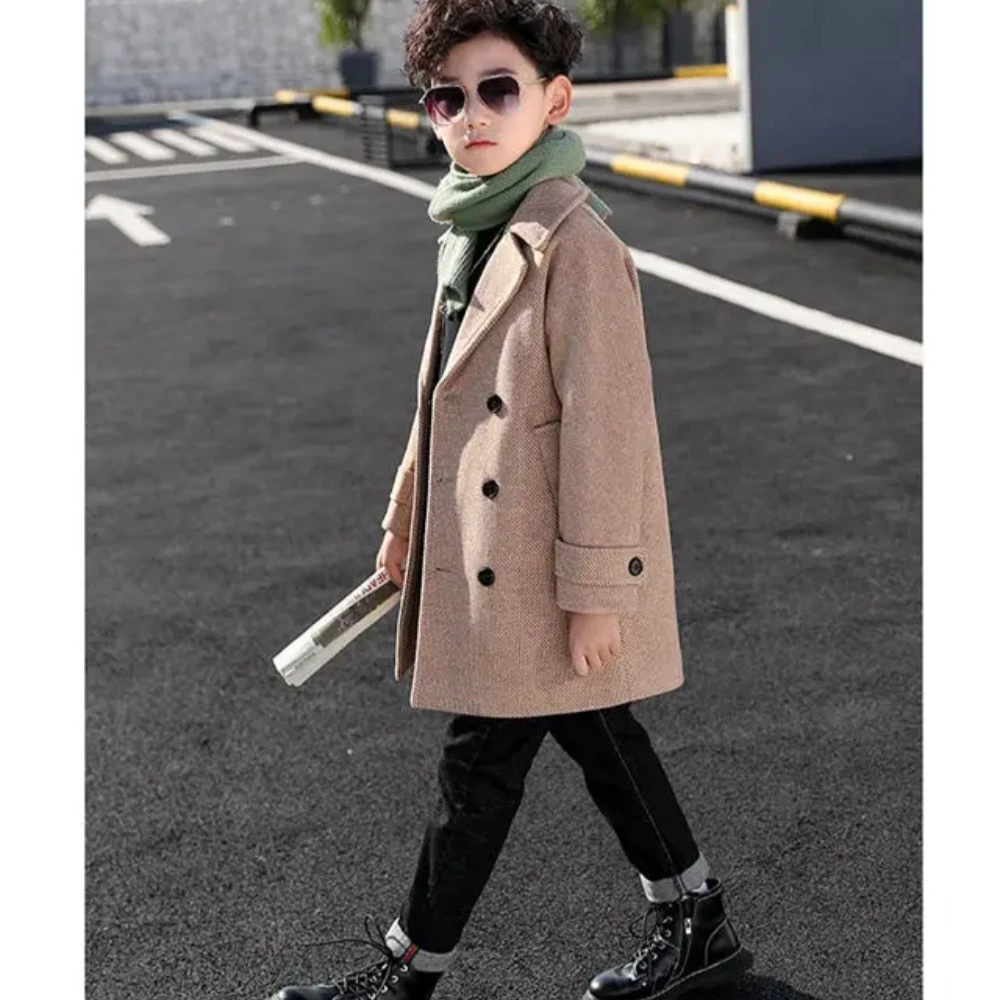 Grid Jackets Woolen Double-breasted Baby Boy Trench Coats Turn-down Collar Kids Mid-Length Outerwear Autumn Winter Thicken Warm