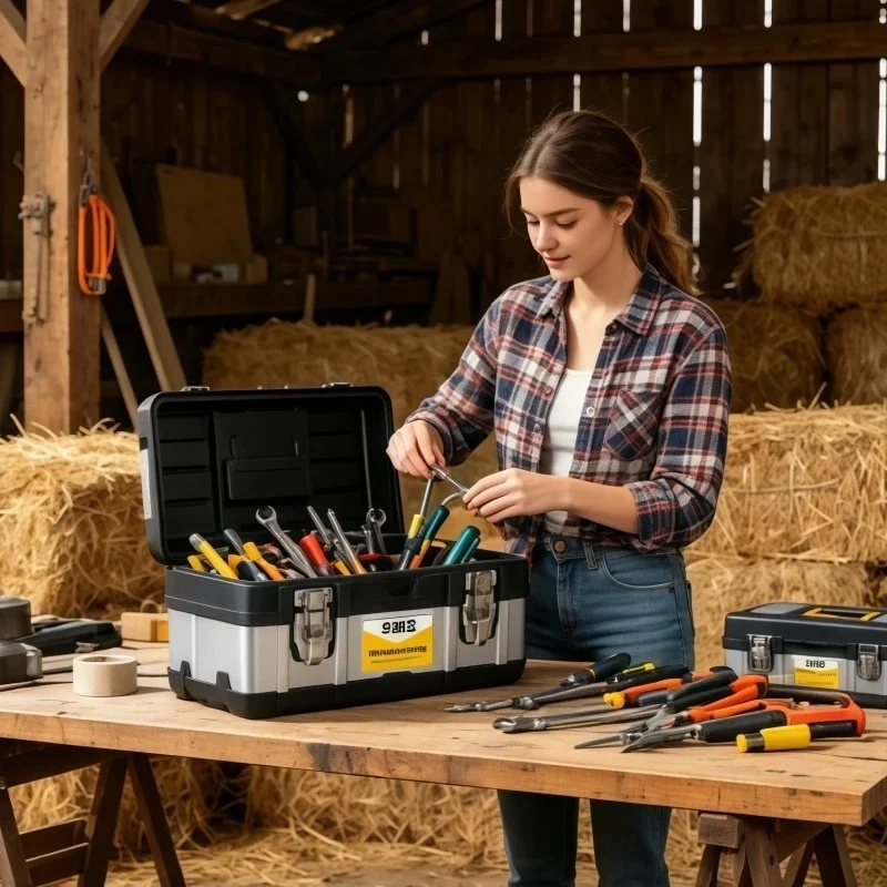 Heavy Duty Portable Tool Box with Removable Tray - 17 Inch Stainless Steel and Plastic Storage Case