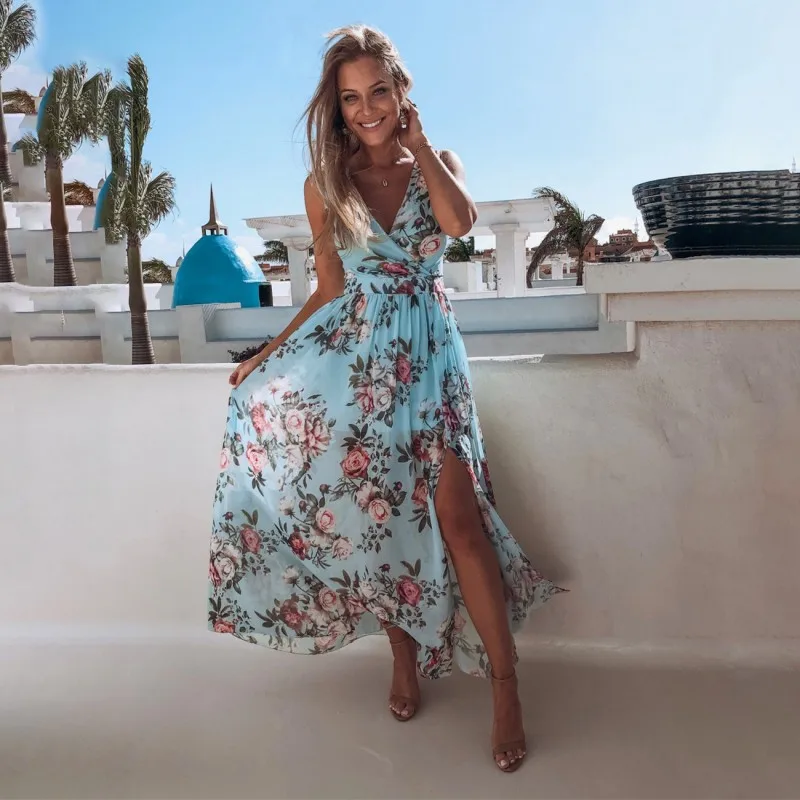 

2023 New Spring Summer Thin V-Neck Backless Chiffon Long Dress Sleeveless Elegant Cover-Ups Robe Sexy Floral Print Home Dresses