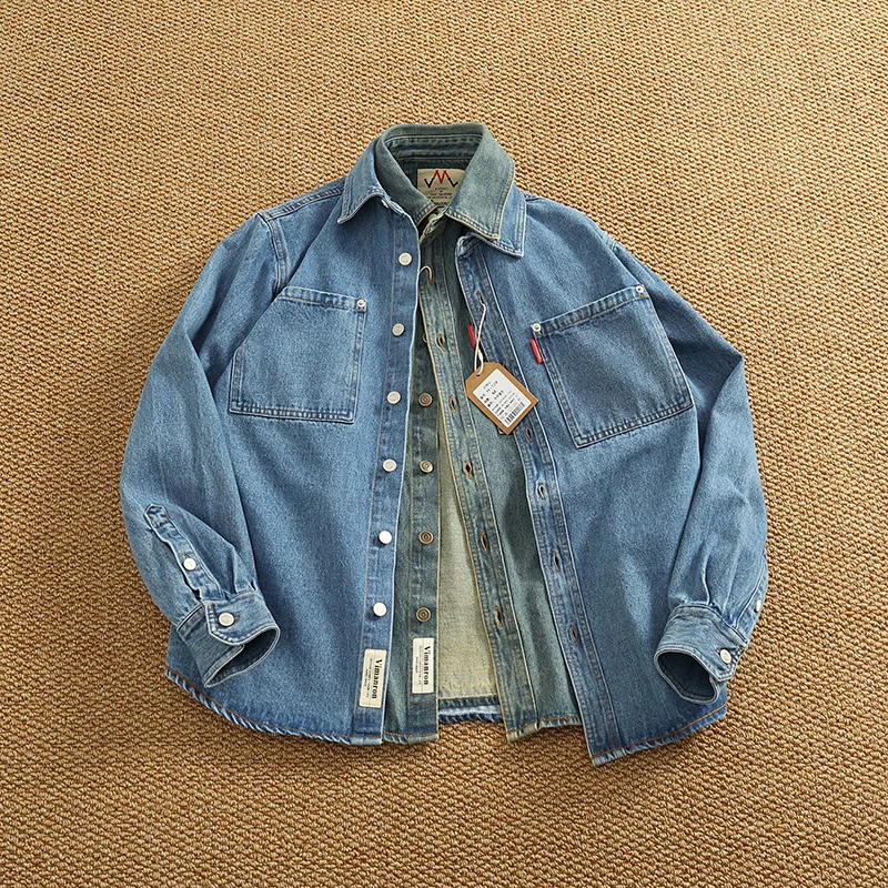 Spring American Retro Heavyweight Double Pocket Denim Cargo Shirt Men's Simple Cotton Washed Casual Blouses Thin Jacket