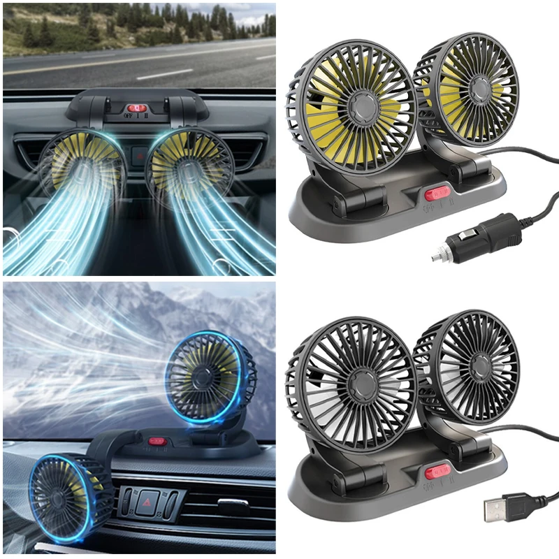 

Портативный автомобильный вентилятор с двойной головкой, вращающийся на 360 градусов, автомобильный вентилятор воздушного охлаждения, вентиляторы циркуляции воздуха с USB для приборной панели, грузовика на колесах