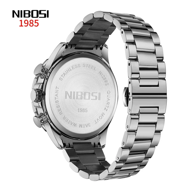 NIBOSI Brand Luxury Chronograph Quartz Watch for Men Stainless Steel Waterproof Luminous Date Sport Big Dial Fashion Men Watches