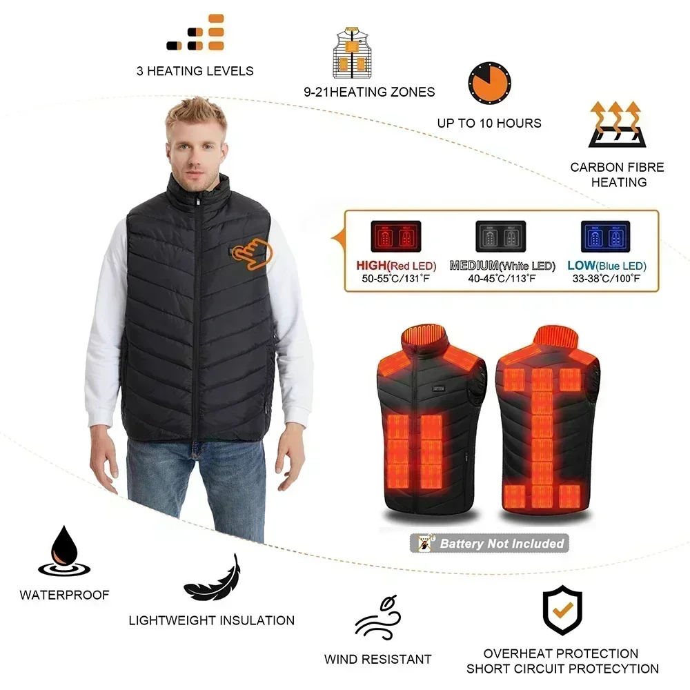 21 Zone Heating Vest Jacket Men USB Smart Switch Electric Heating Sleeveless Jacket Winter Warm Clothes Women Thick Padded Vest