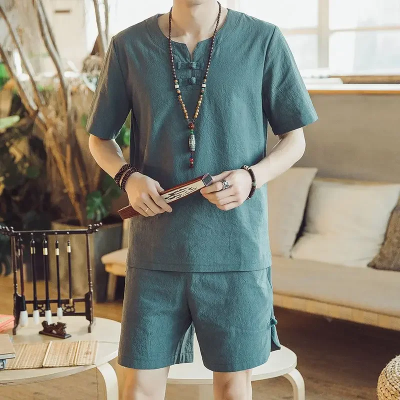 thumbnail image 1 of Conjuntos de camisetas y pantalones cortos para hombre, sin logotipo, ropa de trabajo, conjunto de pantalones cortos para hombre, ropa informal de lino a la moda para hombre 2024, ropa juvenil emo de, 1 of 5