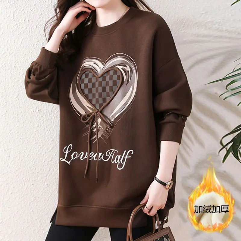 

Autumn Winter New Printing Fleece T Shirt Tops Long Sleeve O-Neck Loose Letter All-match Pullovers Casual Fashion Women Clothing