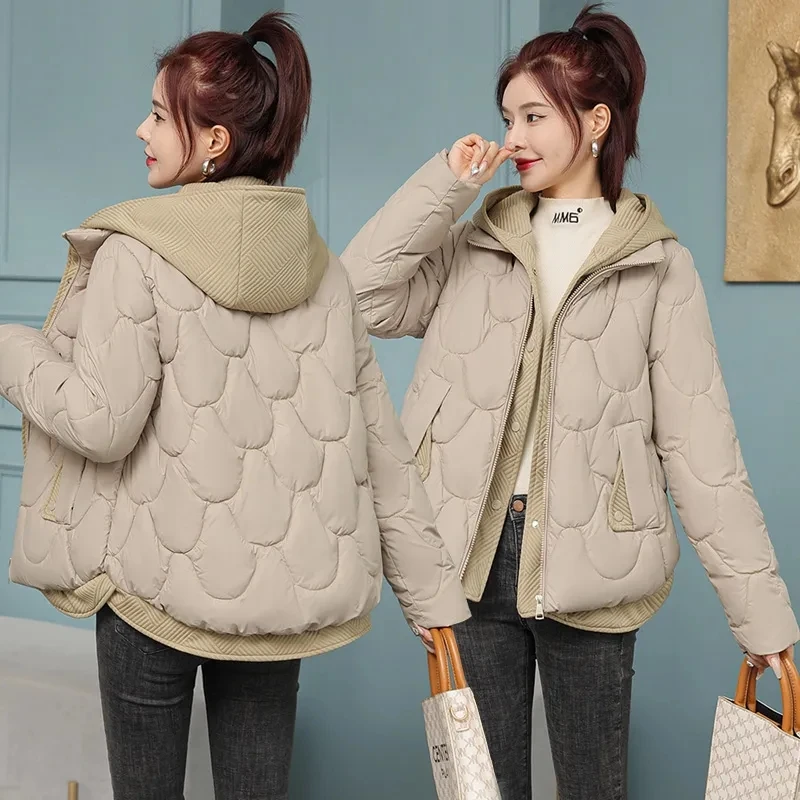 

Chic Splice Down Cotton Jacket Women 2024 Winter Hooded Cotton-Padded Coat Snow Wear Puffer Parkas Woman Casual Warm Outwear New