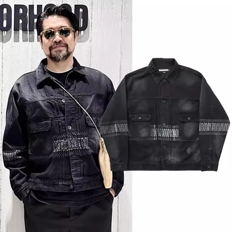 

2024 NEIGHBORHOOD NBHD black printed and dyed washed denim jacket WT52