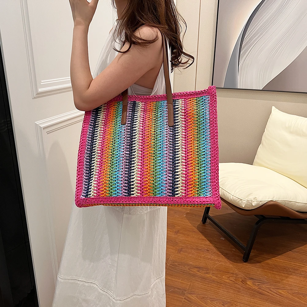 Straw Rainbow Handbags Women’s Straw Raffia Crochet Woven Tote Bag Rattan Top Handle Casual Shoulder Messenger Summer Beach Bag