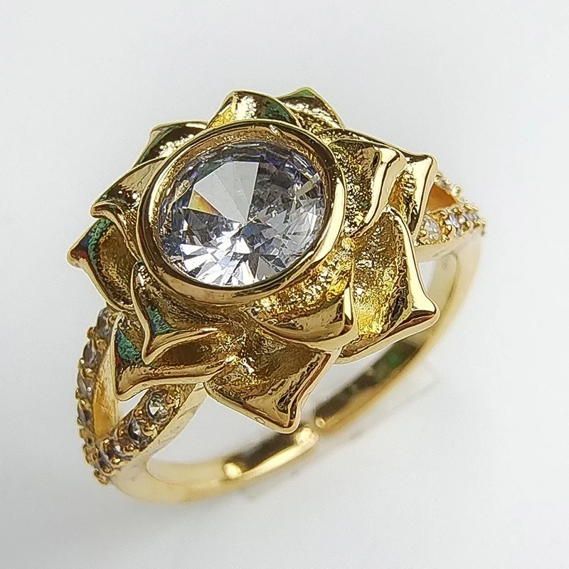 

Copper inlaid round zirconium flower ring women's fashion geometric hollow open joint ring