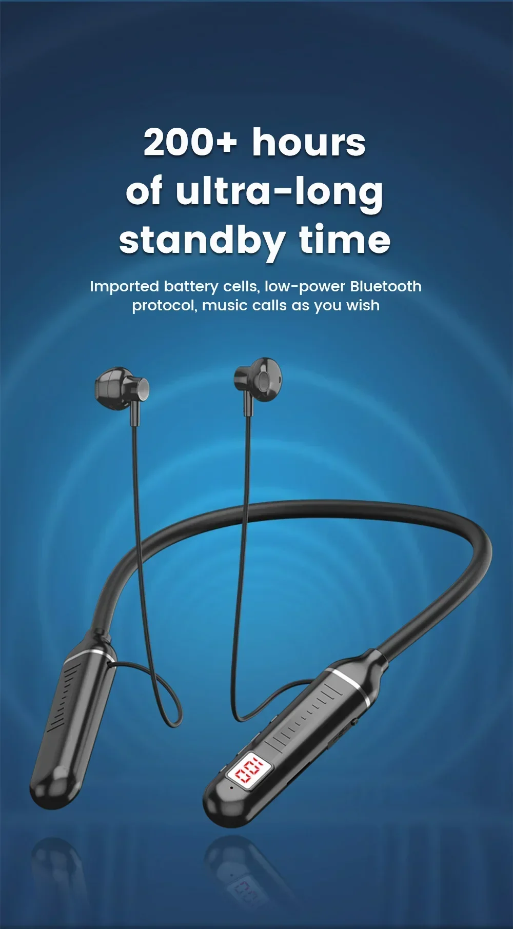 Description Picture 6 of item2025 Wireless Earphones 5.3 Neckband Headphones Gaming LED Display Stereo Sports Headset Halter Waterproof Magnetic Earbuds