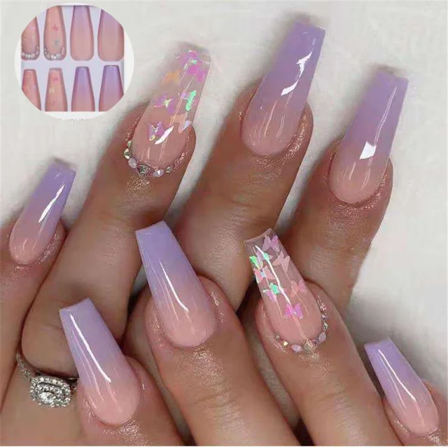 Lilac Gradient Butterfly Pattern Fake Nails Full Cover False Nails ...