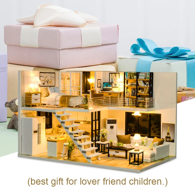 Cutebee DIY Dollhouse Kit Apartment Loft Wooden Miniature Doll Houses With Furniture LED Lights for Children Birthday Gift 6