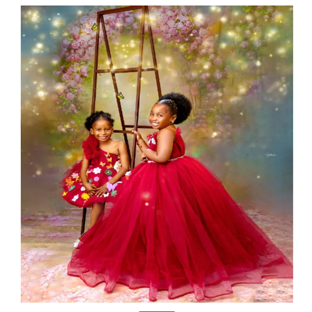 

Flower Girl Dresses Red Pearls V Neck Little Baby Ball Gown First Communion Dress Floor Length Tulle Birthday Gowns for Party