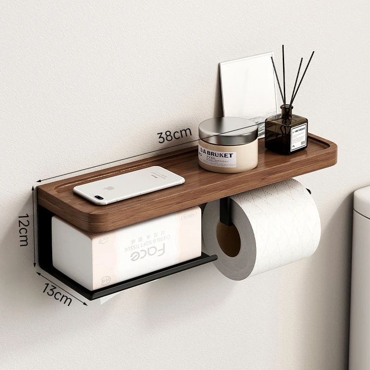 Toilet Paper Holder with Black Walnut Shelf for Bathroom Wall Mounted Toilet Paper Tissue Holder Black Phone Rack Double Roll