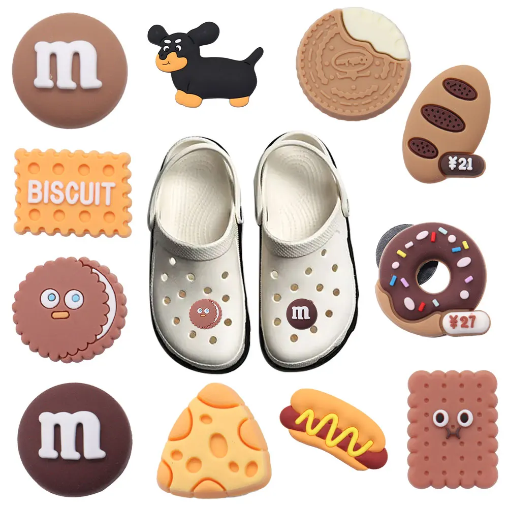 

Mix 50pcs PVC Shoe Charms Food Hot Dog Cheese Donut Chocolate Chip Cookie Bun Croc Slipper Accessories Decorations for Bands